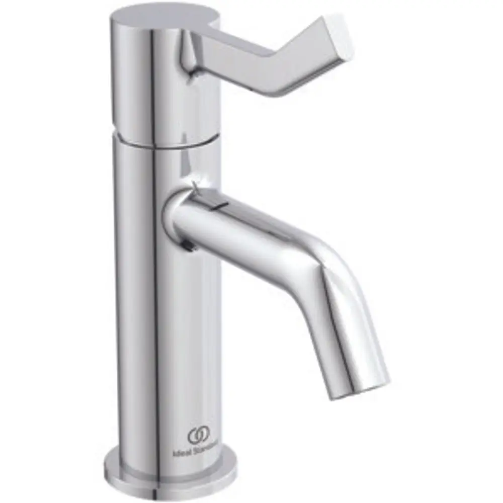 Moderne Chrom-Waschbeckenarmatur mit langem Griff von Ideal Standard. Sie hat einen schlanken, eleganten Auslauf und einen Hebel zur Wassersteuerung.